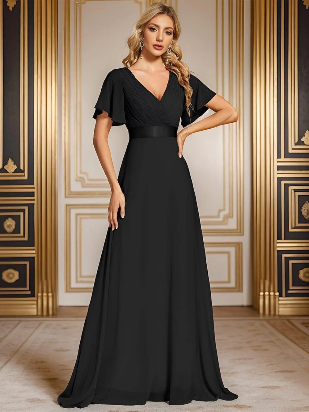 Ever Pretty Black Pleated Chiffon Maxi Evening Gown Flutter Sleeve Formal 8 NWT